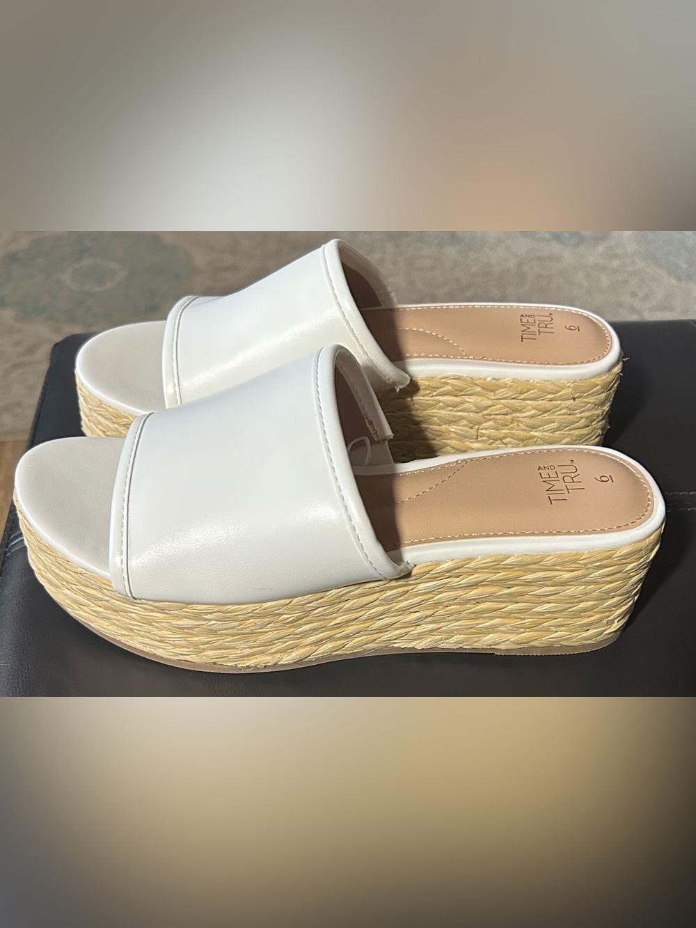 Time and Tru White Espadrille Platform Slide Sandals - Woven Natural Platform